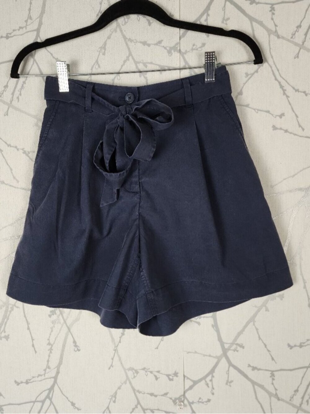 Kit and Ace Navy Tencel Blend Belted High Waist Paperbag Shorts